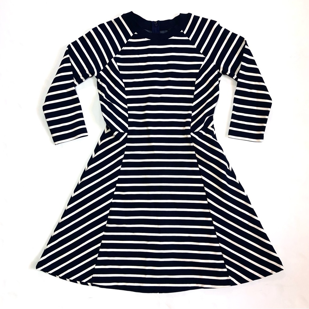 Banana Republic Navy & White Striped 3/4-Sleeve Fit Flare Dress